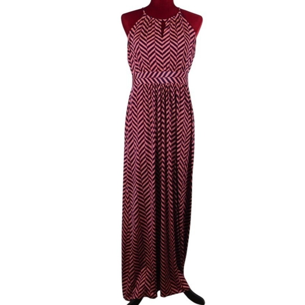Loft Halter Maxi Dress Pink Black Chevron Loose Fitting Comfort Stretch DWW25